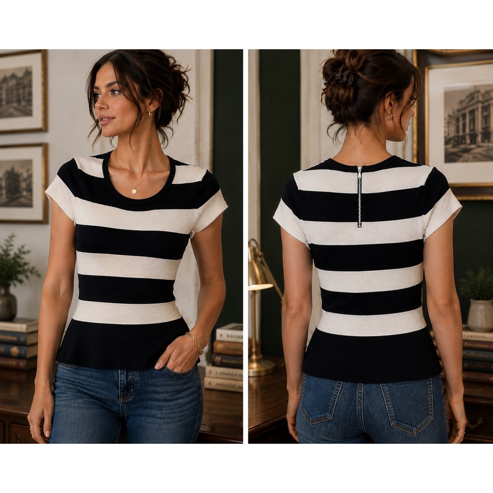 White House Black Market Peplum Sweater M Black White Ribbed Parisian Retro